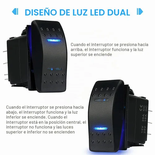 Vista 2 de Interruptor basculante impermeable de encendido y apagado de 12 V/20 A 24 V/10 A 7 pines DPDT luz LED azul, con cables de puente para barco