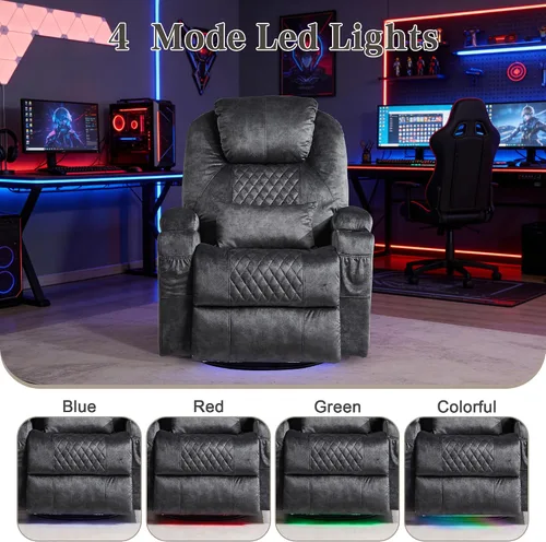 Vista 8 de AHMED Silla reclinable giratoria de doble motor con masaje y calor, mecedoras eléctricas con portavasos, luces LED, puertos USB A/USB C para sala
