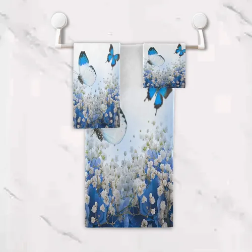 Vista 5 de MOYYO Juego de toallas de baño de 3 piezas, suaves y altamente absorbentes, toallas de baño de hortensias azules, toallas de mariposa con estampado