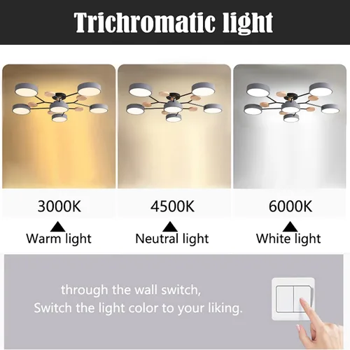 Vista 6 de Lámpara de techo LED regulable, 6 luces de techo modernas de 32 pulgadas, lámpara de techo de madera de 48 W para sala de estar, dormitorio, cocina