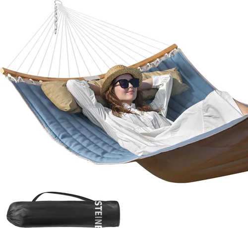 Vista 11 de Hamaca doble, hamaca de tela acolchada de 11 pies para 2 personas para exteriores con almohada, barra separadora curvada plegable, cadenas, bolsa