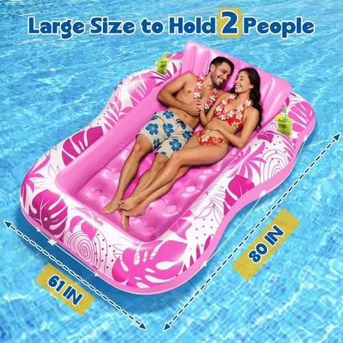 Vista 2 de Tumbona de piscina bronceadora – Flotador inflable grande de 59 x 78.7 pulgadas para adultos, bañera de sol 2 en 1 y balsa de descanso con soportes