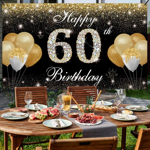 Vista 5 de Decoraciones de feliz cumpleaños 60 para hombres y mujeres – Cartel de fondo de cumpleaños 60 negro y dorado, cartel de patio, accesorios de cabina