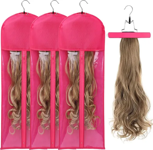Vista 12 de Bolsas de almacenamiento para peluca con colgador: 3 piezas de extensiones de cabello, ganchos para extensiones de cabello (negro)