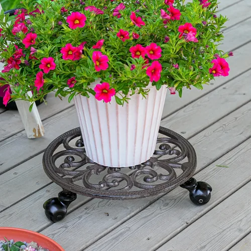 Vista 2 de Sungmor Carrito para Plantas de Hierro Fundido Resistente, Soporte Redondo para Macetas de 11 pulgadas sobre 3 Ruedas Sólidas, Soporte para Macetas