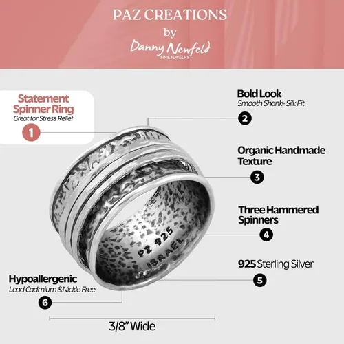 Vista 3 de Paz Creations - Anillos giratorios de plata de ley, anillos giratorios bohemios, anillo de meditación hecho a mano
