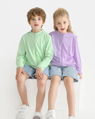 Vista 6 de Auranso Sudadera con capucha y cremallera para niños, UPF50+, protección solar, camisa refrescante