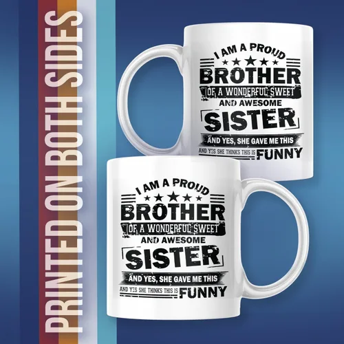 Vista 3 de Taza de café con texto en inglés "I Am A Proud Brother Of A Wonderful Sweet Sister" M775, color blanco