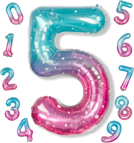 Vista 114 de Globos de Sirena Número 0 de 40 Pulgadas, Juego de Globos de Números Grandes Morado Verde Azulado Arcoíris 0-9, Globos de Números de Papel