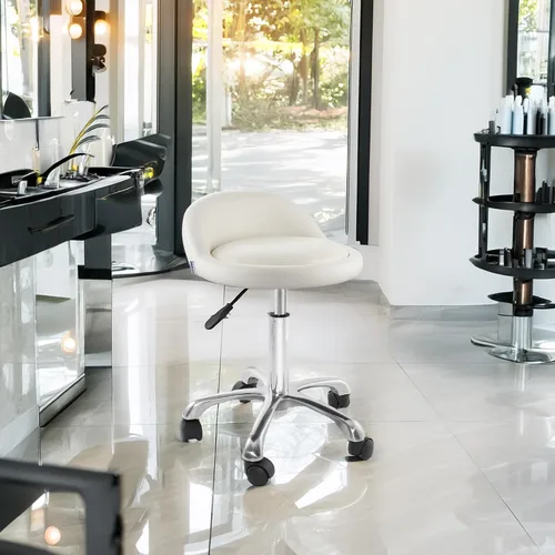 Vista 2 de Saloniture Taburete hidráulico rodante con respaldo bajo – Silla giratoria ajustable para spa, tienda, salón, masaje u oficina médica, color crema