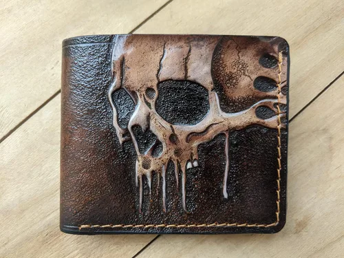 Vista 4 de Melting Skull, Zombie, Skeleton, Men's 3D Genuine Leather Wallet, Hand-Carved, Hand-Painted, Leather Carving, Custom wallet, Personalized wallet