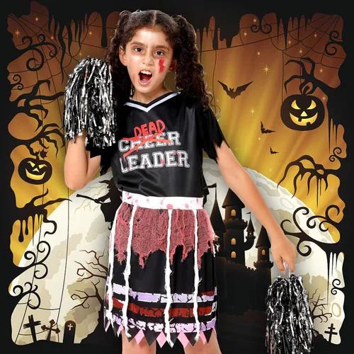 Vista 6 de Lrrtwer Disfraz de animadora de Halloween de zombi para niña, disfraz de líder muerto sangriento, disfraz de Halloween, fiesta, baile de graduación