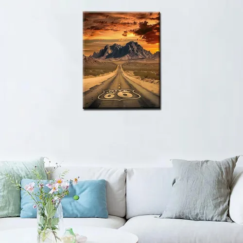 Vista 2 de America Route 66 - Pintura de montaña al atardecer por números, 16 x 20 pulgadas, lienzo de paisaje de EE. UU., pintura acrílica al óleo para niños