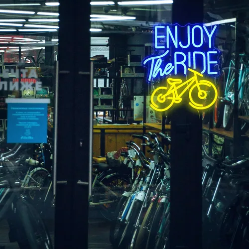 Vista 6 de Letrero de neón con texto en inglés "Enjoy The Ride", letrero de neón para gimnasio, luz de neón motivacional, para hacer ejercicio, bicicleta