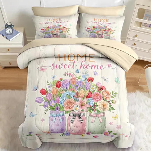 Vista 10 de Nesker Juego de edredón de primavera de 5 piezas, tamaño individual, juego de ropa de cama floral con mariposas para niños y adultos, juego