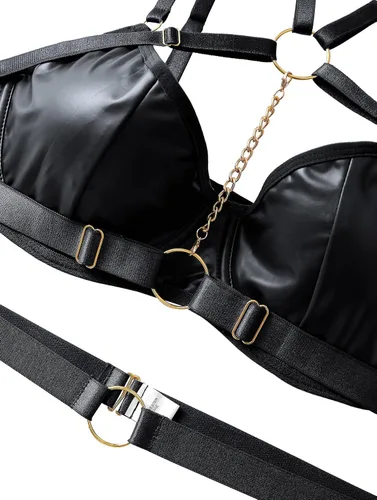 Vista 2 de Lilosy Conjunto de lencería sexy de piel sintética con tiras de liguero