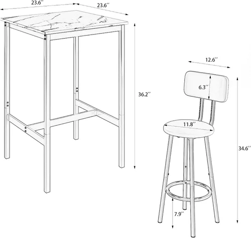 Vista 2 de Juego de mesa de comedor para 2, mesa de bar y sillas para 2, juego de mesa de bar pequeña de 3 piezas con 2 taburetes, parte superior de mármol