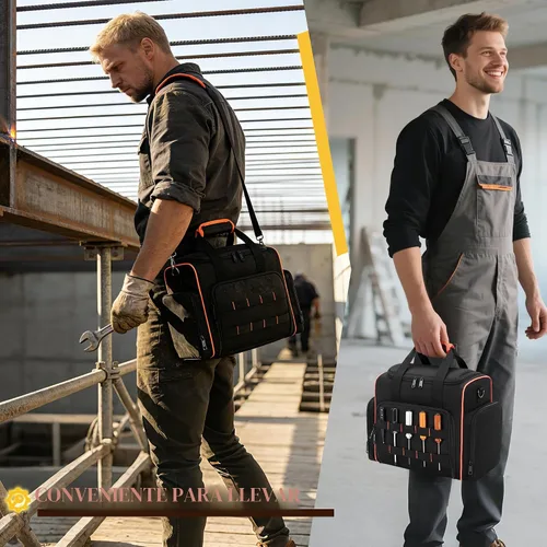 Vista 5 de Bolsa de herramientas Marscamd con 3 estuches extraíbles, bolsa de herramientas de 2 capas para herramientas manuales, negra con ribete rojo