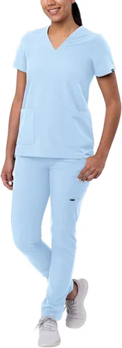 Vista 22 de Adar Addition Go-Basic - Conjunto de uniforme quirúrgico para mujer con blusa de cuello en V y pantalones cargo ajustados Rosa suave