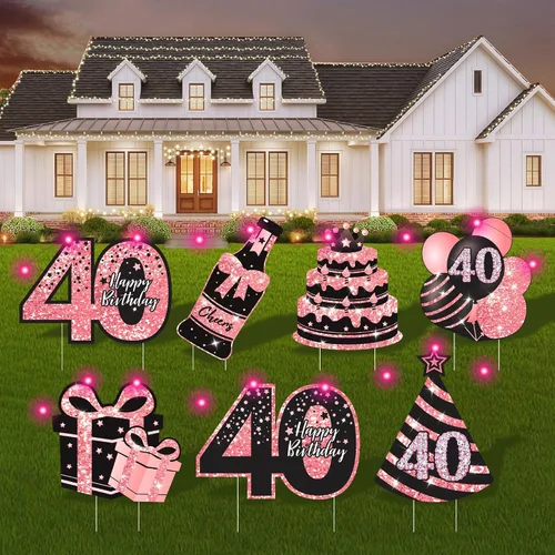 Vista 24 de Decoraciones de cumpleaños número 13 para niñas - 7 piezas de letreros de cumpleaños rosas para el patio con estacas, 2 piezas de luces LED Rosa 13