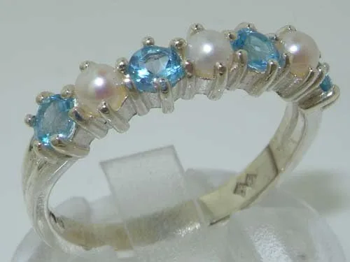 Vista 2 de Anillo de eternidad de plata de ley 925 con perla cultivada y topacio azul para mujer