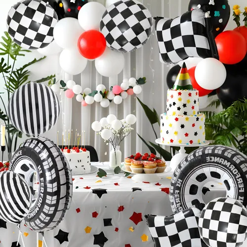 Vista 4 de 12 globos de aluminio de automóvil de carreras blanco y negro, globos a cuadros con bandera a cuadros y globos de neumáticos de rueda caliente