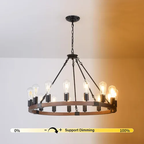 Vista 7 de Candelabro de Rueda de Vagón de Madera de 15 Luces, Candelabro de Granja Rústico Vintage con Bombillas E26, 32" Candelabro Industrial