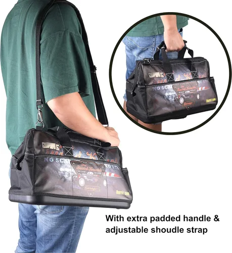 Vista 5 de Busted Knuckle Garage bolsa de herramientas portátil de 16 pulgadas con boca ancha, 21 bolsillos, gran espacio interior y base impermeable