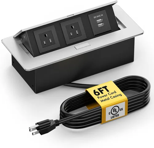 Vista 7 de Regleta de Alimentación Certificada UL, Kungfuking Caja de Toma de Corriente Emergente de Escritorio con Puertos de Carga USB Duales, Receptáculo