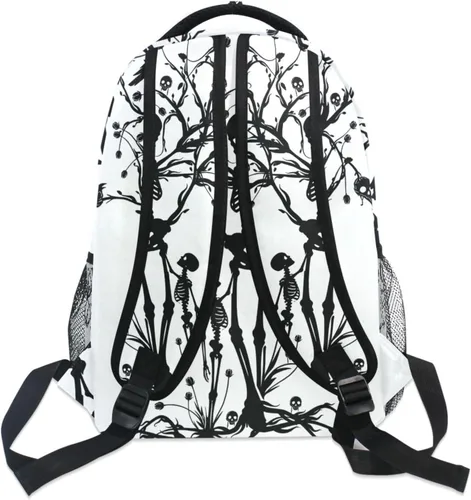 Vista 7 de Mochila negra del Día de los Muertos con patrón de calavera para adultos, mochila escolar casual, bolsa universitaria de viaje, con cremallera