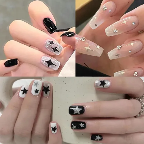 Vista 4 de 6 Hojas de Calcomanías de Arte de Uñas con Estrellas Calcomanías 3D con Purpurina Brillante Dorada Plateada Blanca Negra Estrellas Calcomanías