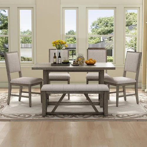 Vista 31 de Juego de mesa de comedor rústica de 6 piezas con mesa rectangular de caballete y 4 sillas tapizadas y banco, juego de mesa de comedor de cocina