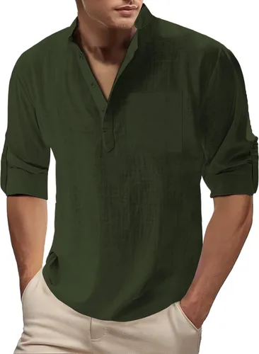 Vista 10 de Camisa de lino para hombre, manga larga, Henley, casual, verano, grande, alta, algodón, ligera, para negocios, trabajo, vacaciones, crucero