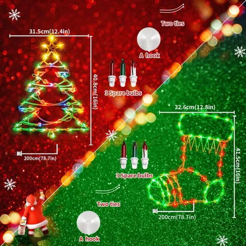 Vista 5 de 2 piezas de 100 luces iluminadas decoración de silueta de ventana de Navidad, árbol de Navidad iluminado y calcetín de Navidad para ventana