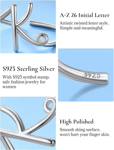 Vista 5 de SILVERCUTE Anillos con iniciales S925, tamaño ajustable 6-12, letra del alfabeto A-Z, joyería personalizada con iniciales trenzadas, anillos