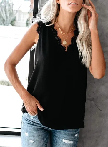 Vista 65 de VIISHOW - Camiseta sin mangas, sexy, con cuello en V y bordes de encaje para mujer, camisola de vestir, camisas de gasa, sin mangas, casuales