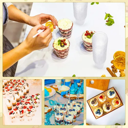 Vista 6 de Chengu Mini vasos de postre de plástico transparente de 3 onzas con cucharas, tazas redondas de postre para parfait, vasos de chupito de aperitivo