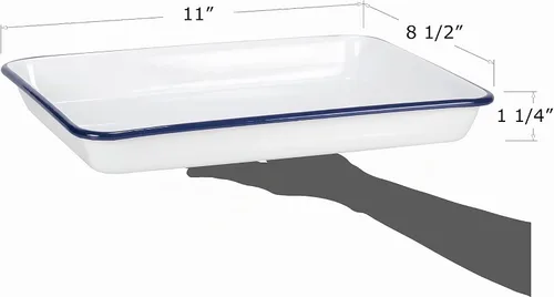 Vista 7 de Red Co. Bandeja de servir rectangular clásica de esmaltería metálica de 2 cuartos de galón, 11 x 9 pulgadas, blanco sólido/borde azul marino
