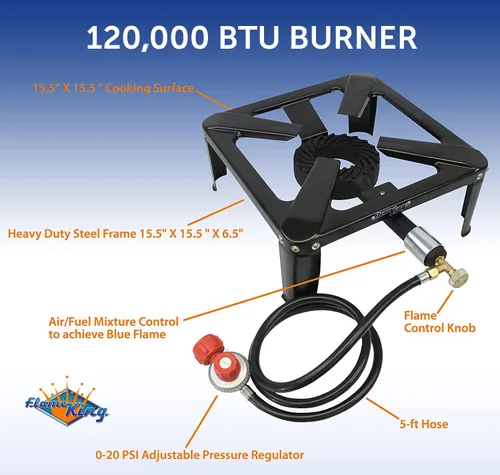 Vista 4 de Flame King Trabajo Pesado 120,000 BTU, 0-20 PSI, Freidora de Pavo Quemador Individual de Propano Bayou Cooker, Estufa Exterior para Elaboración