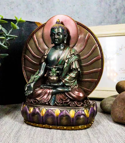 Vista 6 de Ebros Gift Budismo Bhaisajyaguru Medicina Buda meditando en Padma Lotus Trono Estatua de 6 pulgadas de alto Escultura Bodhisattva Rey de Lapislázuli
