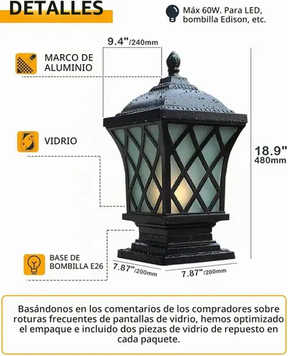 Vista 6 de Luces de columna para exteriores, lámpara de columna moderna de 18.9 ″ IP54 Luz de poste de vidrio impermeable para exteriores E26 Aluminio