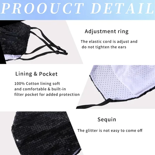 Vista 4 de 6 máscaras faciales lavables con purpurina para mujer. Transpirables, reutilizables, ajustables, a la moda, con bolsillo.