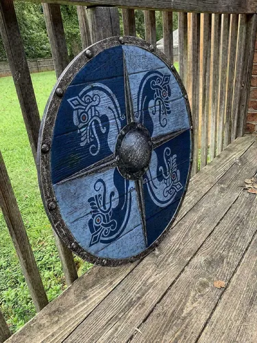 Vista 2 de Escudo de armadura vikingo medieval Escudo redondo medieval Escudo de madera completamente dragón