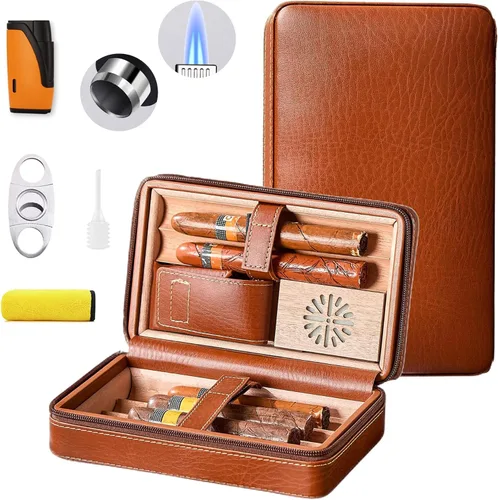 Vista 8 de Estuche para puros, humidificador de viaje, paquete de 4 fundas de cuero de cedro negro con cortador de puros, humidificador, cenicero y toalla