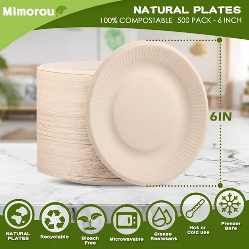 Vista 3 de Mimorou 500 platos de papel 100% compostables a granel, platos de papel desechables de caña de azúcar, color marrón, a granel, pequeños, postres
