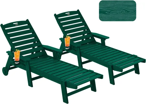 Vista 11 de Chaise Lounge Chair al aire libre con ruedas, silla de patio de gran tamaño con textura de madera, silla de plástico de 5 posiciones para piscina