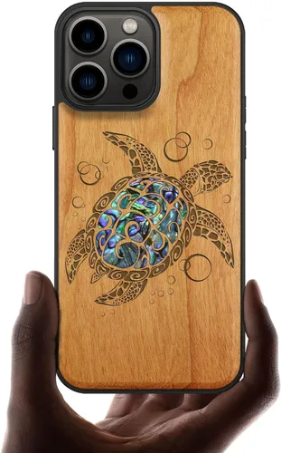 Vista 13 de Carveit Funda protectora de madera de diseñador para iPhone 13 Pro Max, cubierta magnética, grabado en madera e incrustaciones de concha, funda