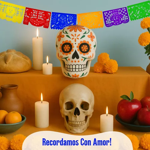 Vista 6 de Dia de los Muertos Papel Picado (PAPEL) – Decoración de fiesta del Día de Muertos (paquete de 4, 10 banderas por bandera) – Papel Picado Mexicano