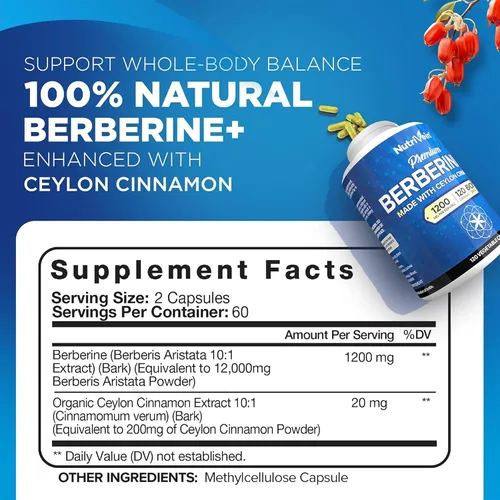 Vista 4 de Nutrivein Paquete de suplementos de berberina y suplementos de berberina coreano de panax de alta absorción: complejo de berberina de alta absorción