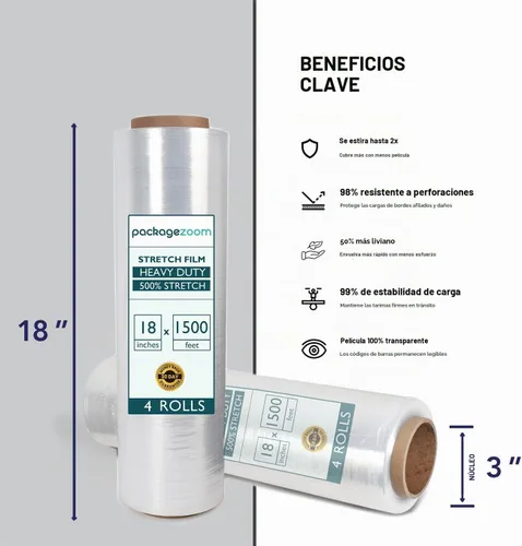 Vista 2 de 8 rollos de envoltura elástica de 18 pulgadas x 1500 pies, resistente, envoltura retráctil de resistencia industrial, película elástica de alto